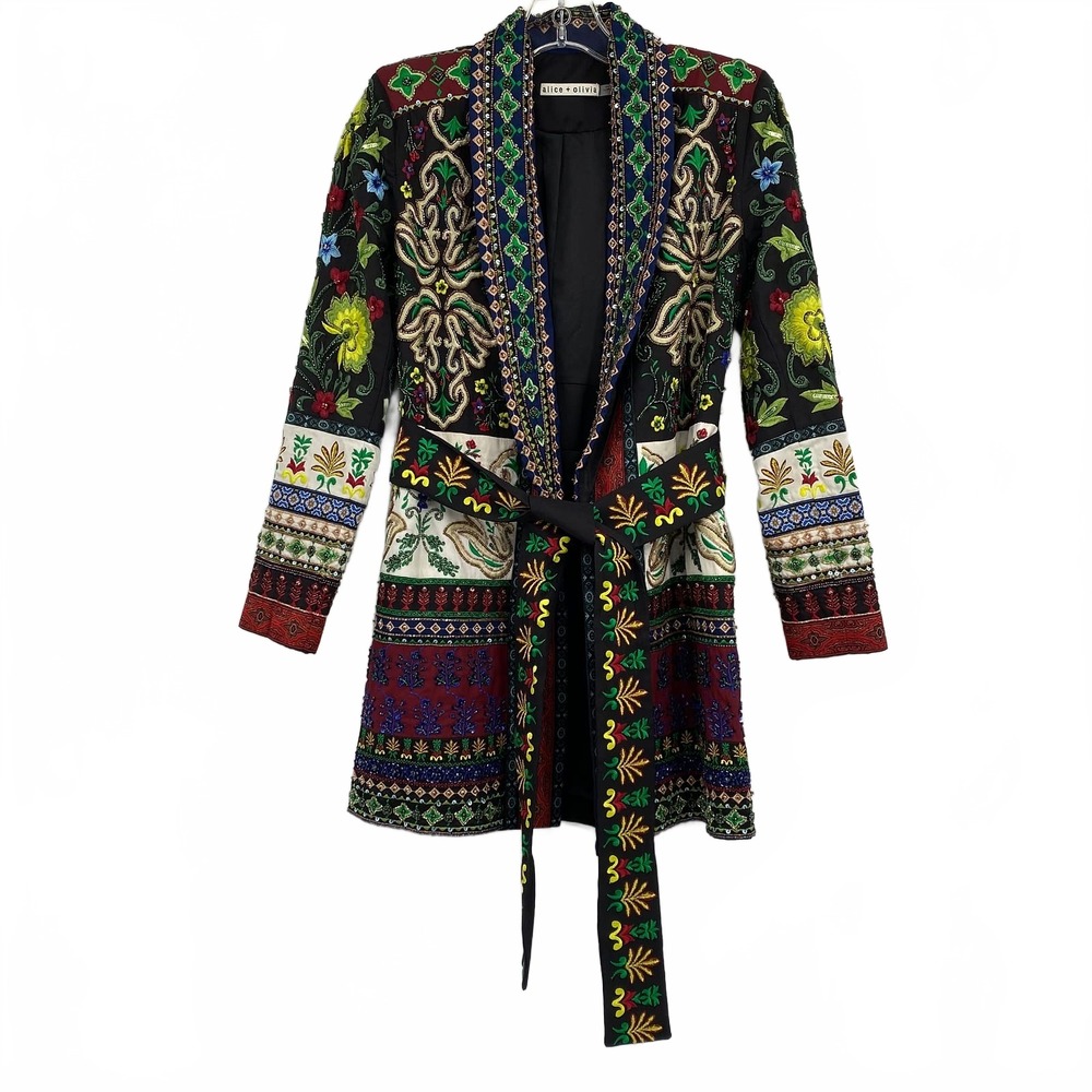 Alice + Olivia Black Green Beaded Embroidered Belted Blazer Jacket | Womens XS